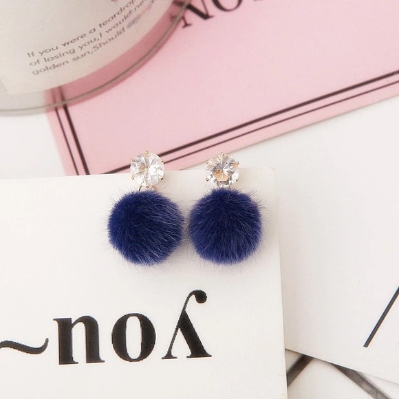 jmeyersray Jewelry - ☀️ Dangling Fuzzy Blue Pom Pom & Crystal Earrings